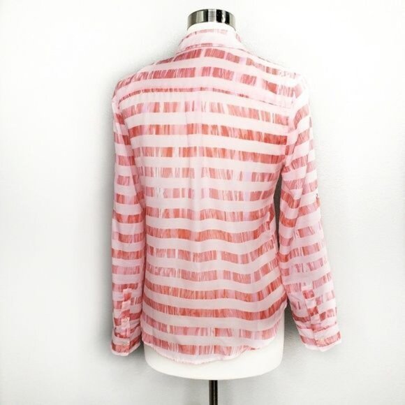 Calvin Klein Womens Sheer Coral Pink‎ Striped Button-Down Blouse S - Picture 4 of 8